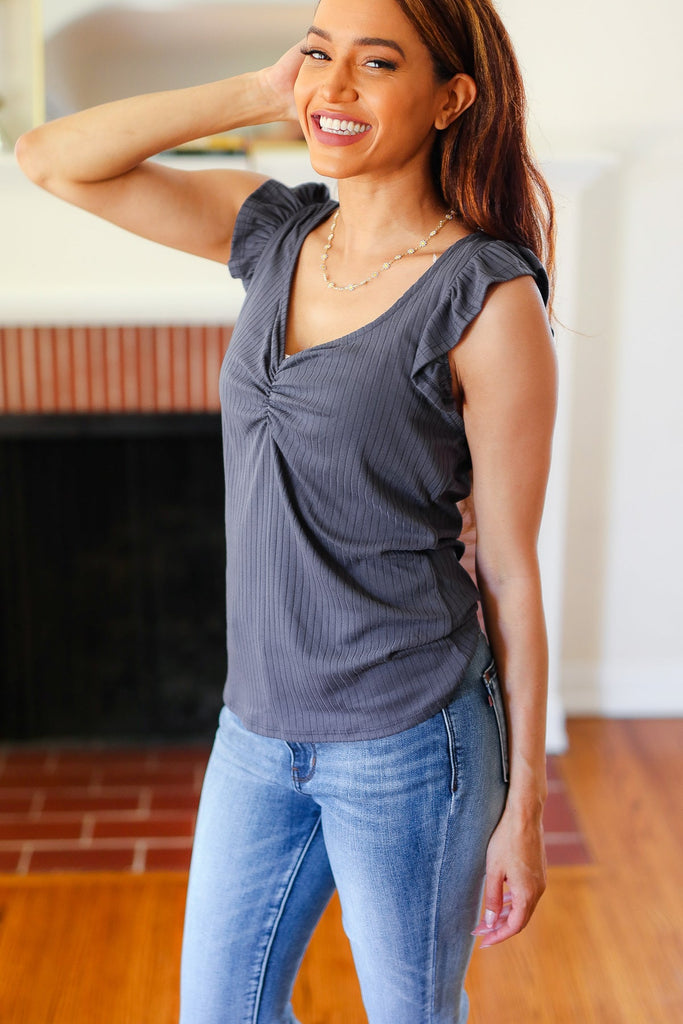 Sunny Days Charcoal Sweetheart Neckline Ribbed Top-Timber Brooke Boutique, Online Women's Fashion Boutique in Amarillo, Texas