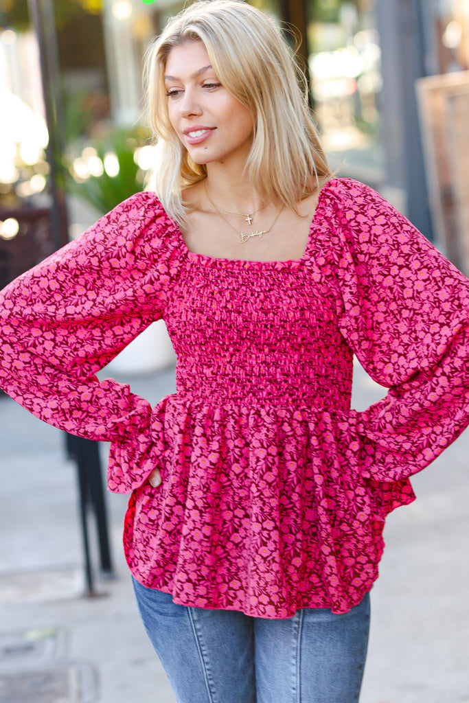 Always With You Fuchsia Smocked Ditzy Floral Ruffle Top-Timber Brooke Boutique, Online Women's Fashion Boutique in Amarillo, Texas