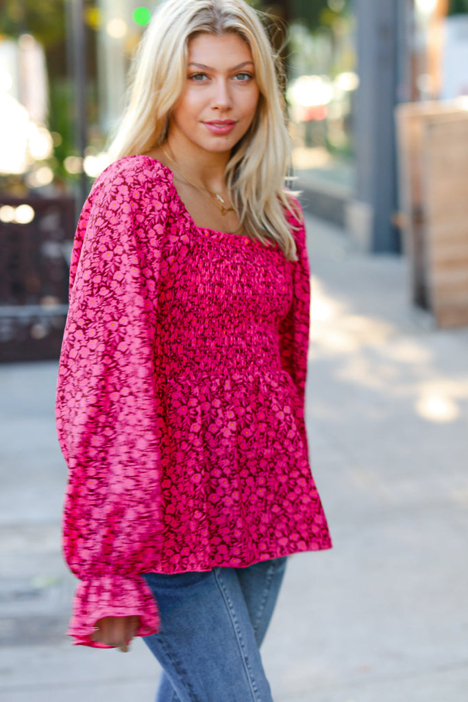 Always With You Fuchsia Smocked Ditzy Floral Ruffle Top-Timber Brooke Boutique, Online Women's Fashion Boutique in Amarillo, Texas