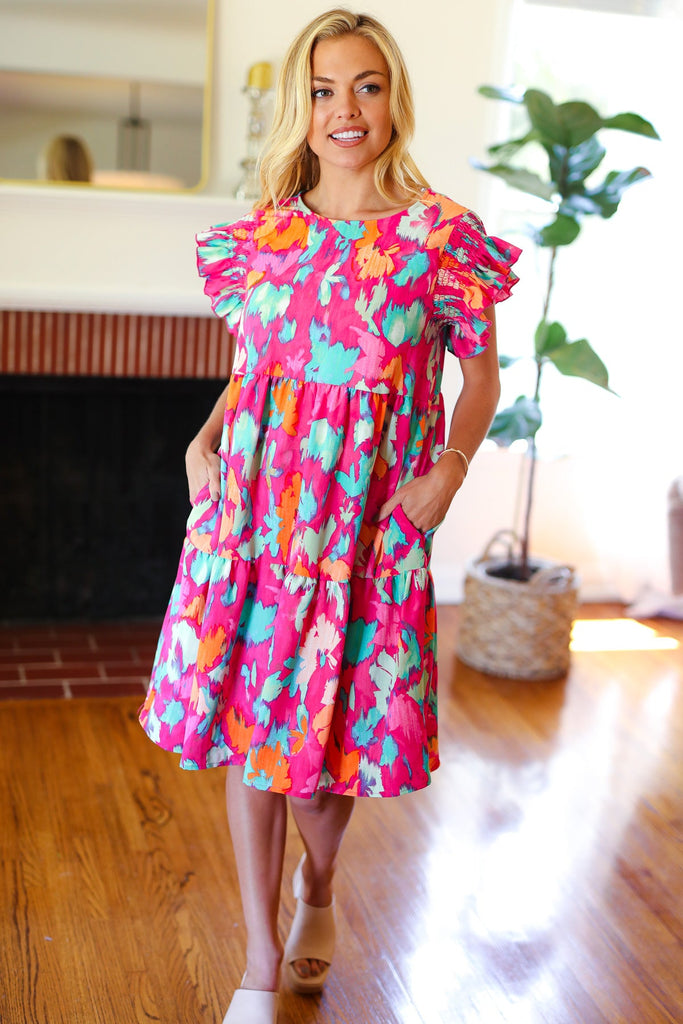 Look of Love Fuchsia Abstract Floral Print Smocked Ruffle Sleeve Dress-Timber Brooke Boutique, Online Women's Fashion Boutique in Amarillo, Texas