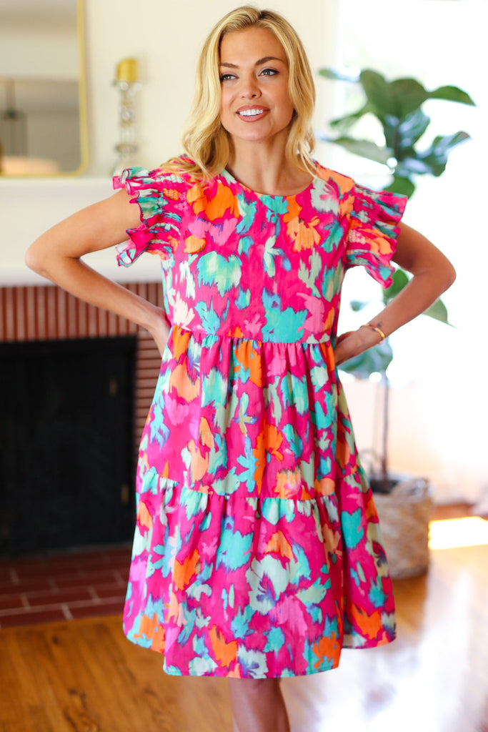 Look of Love Fuchsia Abstract Floral Print Smocked Ruffle Sleeve Dress-Timber Brooke Boutique, Online Women's Fashion Boutique in Amarillo, Texas