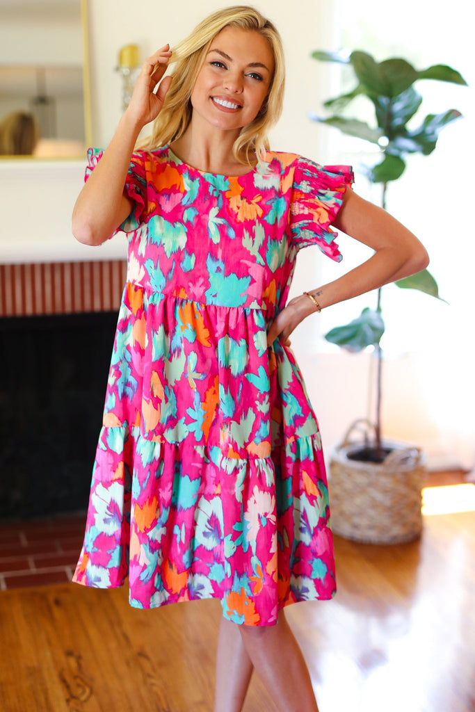 Look of Love Fuchsia Abstract Floral Print Smocked Ruffle Sleeve Dress-Timber Brooke Boutique, Online Women's Fashion Boutique in Amarillo, Texas