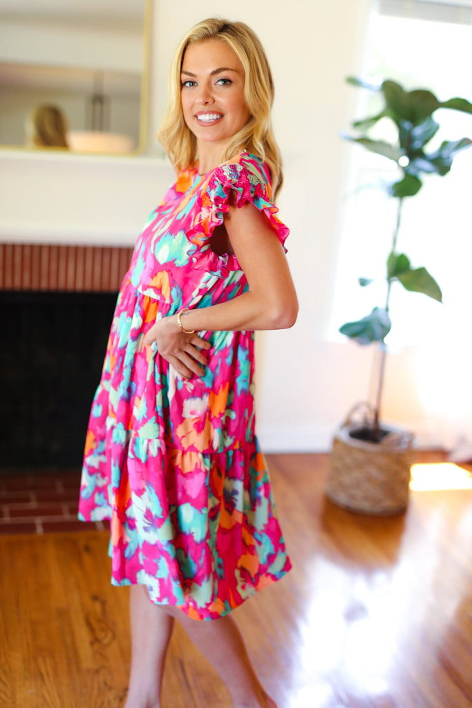 Look of Love Fuchsia Abstract Floral Print Smocked Ruffle Sleeve Dress-Timber Brooke Boutique, Online Women's Fashion Boutique in Amarillo, Texas