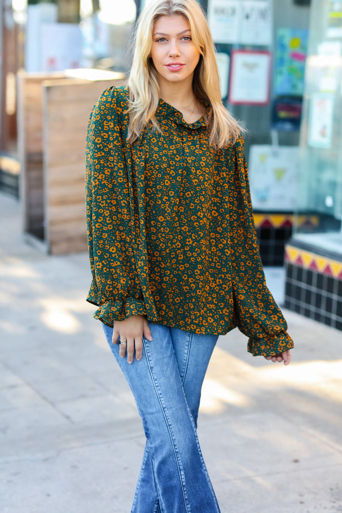Sweet But Sassy Hunter Green Ditzy Floral Frill Neck Top-Long Sleeve Tops-Timber Brooke Boutique, Online Women's Fashion Boutique in Amarillo, Texas