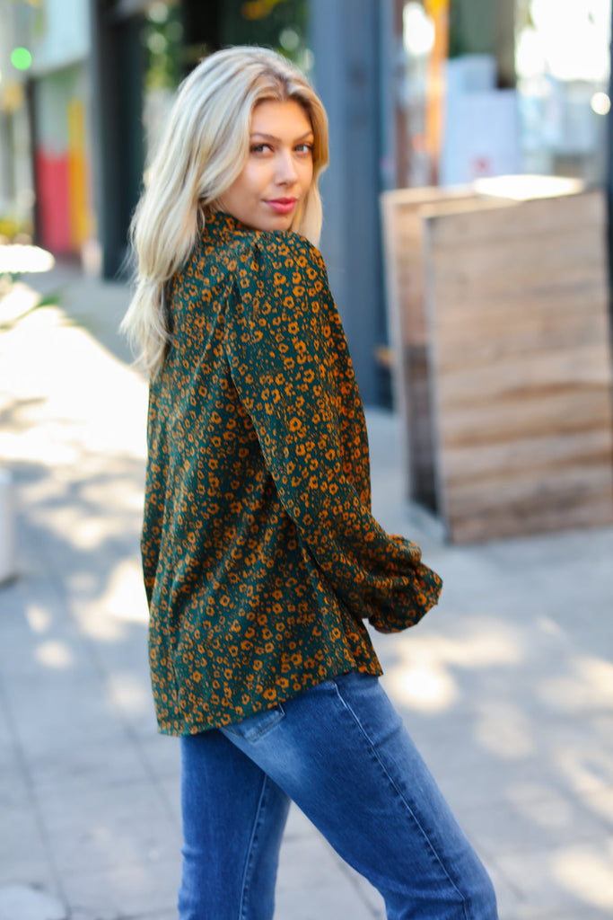 Sweet But Sassy Hunter Green Ditzy Floral Frill Neck Top-Long Sleeve Tops-Timber Brooke Boutique, Online Women's Fashion Boutique in Amarillo, Texas