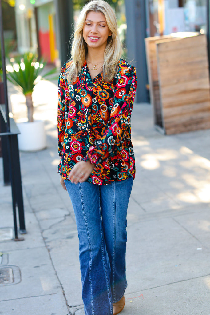 Black/Magenta Floral Ready For The Day Smocked Blouse-Timber Brooke Boutique, Online Women's Fashion Boutique in Amarillo, Texas