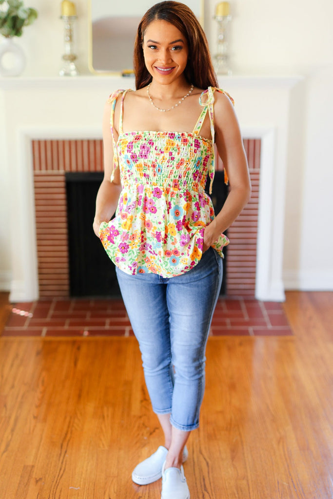 Sunny Days Yellow Floral Smocked Shoulder Tie Top-Timber Brooke Boutique, Online Women's Fashion Boutique in Amarillo, Texas