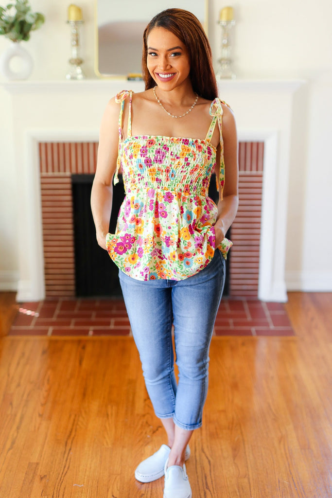 Sunny Days Yellow Floral Smocked Shoulder Tie Top-Timber Brooke Boutique, Online Women's Fashion Boutique in Amarillo, Texas