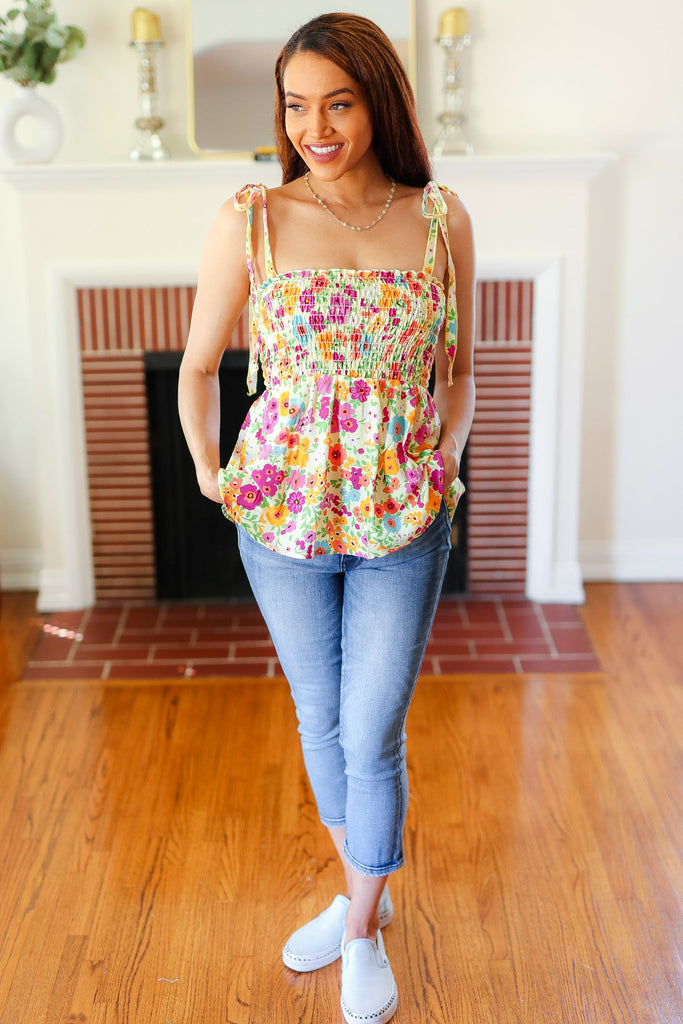 Sunny Days Yellow Floral Smocked Shoulder Tie Top-Timber Brooke Boutique, Online Women's Fashion Boutique in Amarillo, Texas