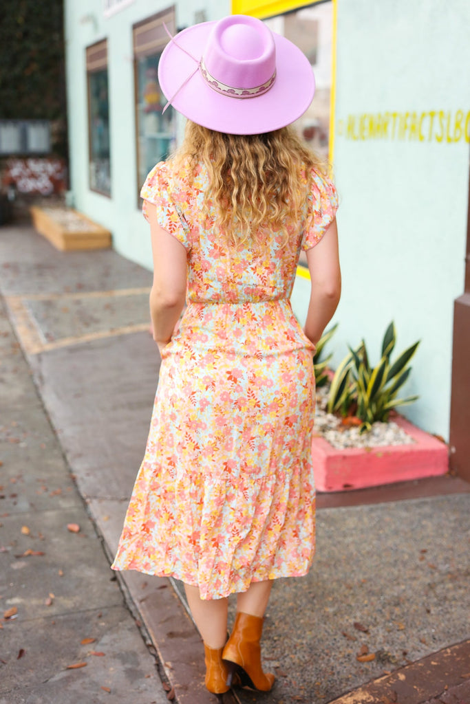 Lovely In Peach Floral Print Elastic Waist Ruffle Midi Dress-Timber Brooke Boutique, Online Women's Fashion Boutique in Amarillo, Texas