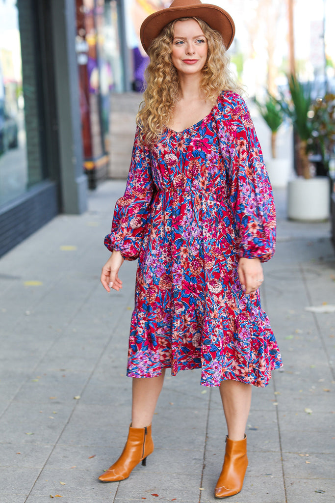 Take The Leap Magenta Floral Print Midi Dress-Timber Brooke Boutique, Online Women's Fashion Boutique in Amarillo, Texas
