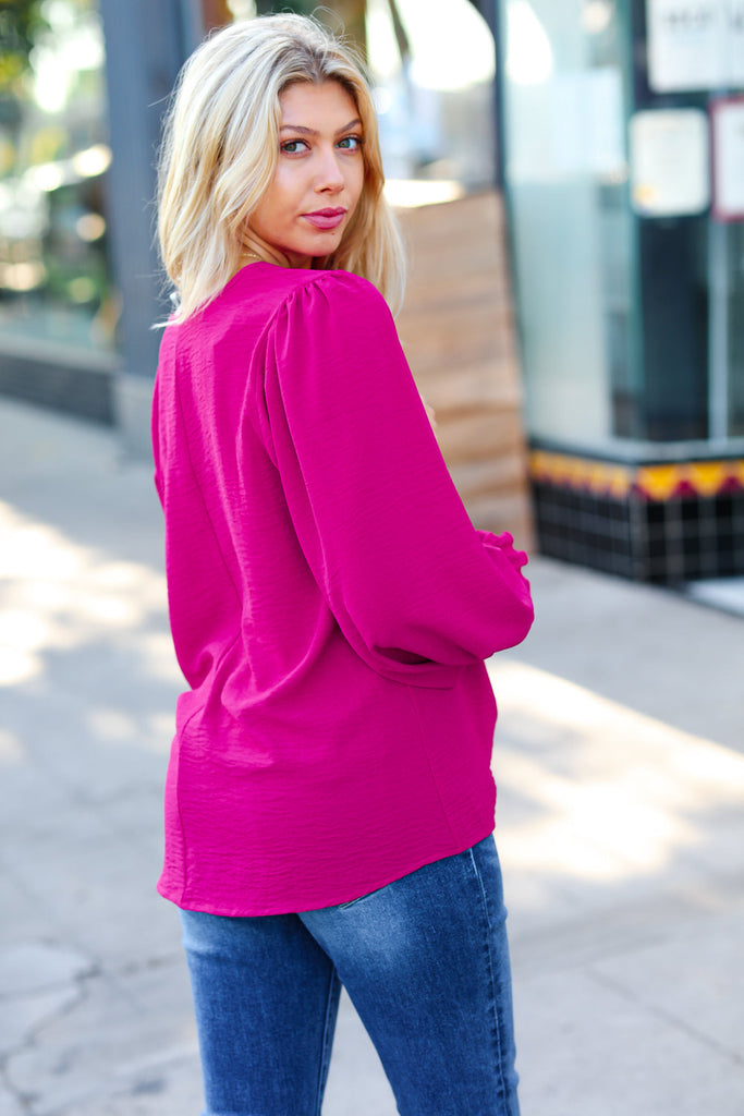 Feminine Flair Magenta Banded V Neck Smocked Top-Timber Brooke Boutique, Online Women's Fashion Boutique in Amarillo, Texas