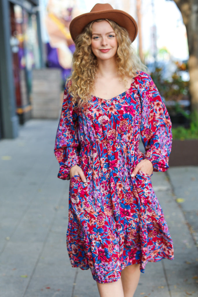 Take The Leap Magenta Floral Print Midi Dress-Timber Brooke Boutique, Online Women's Fashion Boutique in Amarillo, Texas