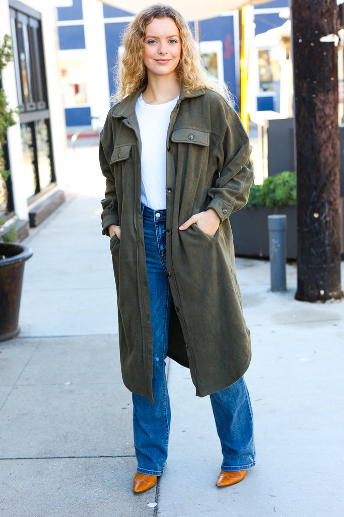 On Your Terms Olive Fleece Button Down Duster Jacket-Timber Brooke Boutique, Online Women's Fashion Boutique in Amarillo, Texas