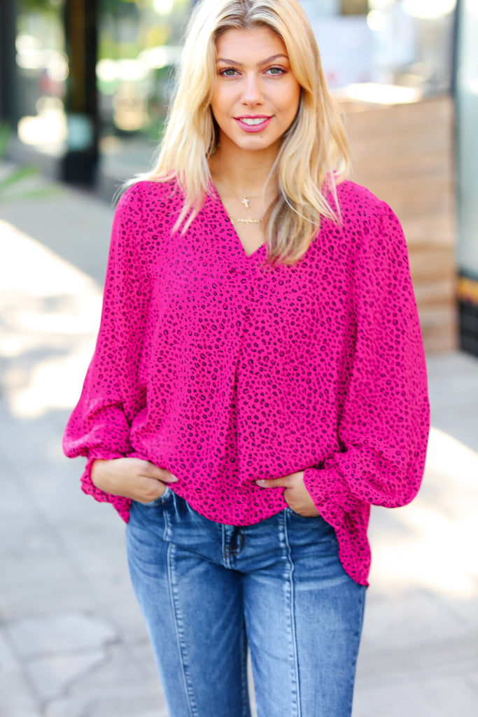 Get Ready Fuchsia Leopard V Neck Smocked Top-Timber Brooke Boutique, Online Women's Fashion Boutique in Amarillo, Texas