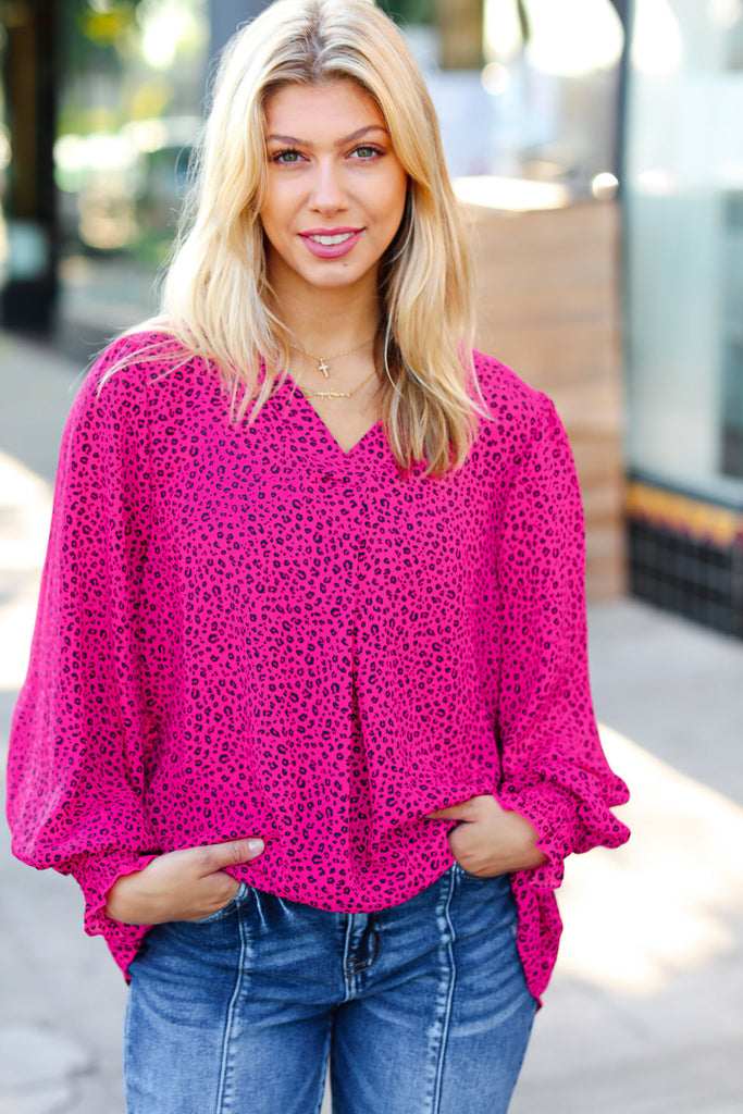 Get Ready Fuchsia Leopard V Neck Smocked Top-Timber Brooke Boutique, Online Women's Fashion Boutique in Amarillo, Texas