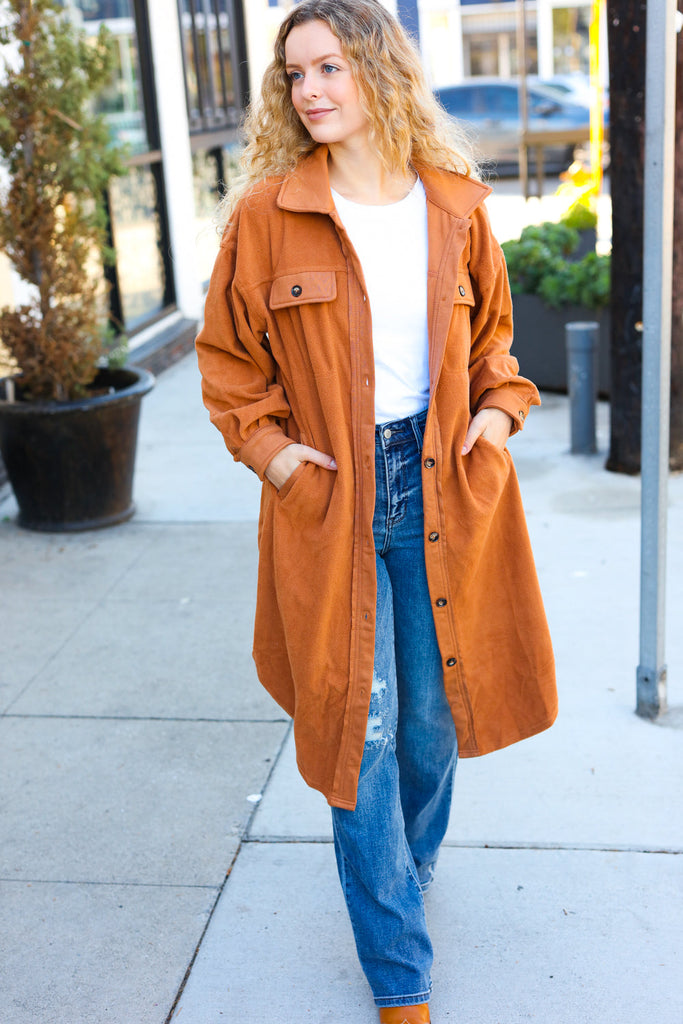 On Your Terms Camel Fleece Button Down Duster Jacket-Timber Brooke Boutique, Online Women's Fashion Boutique in Amarillo, Texas