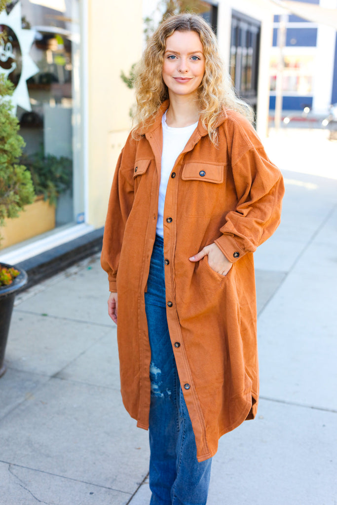 On Your Terms Camel Fleece Button Down Duster Jacket-Timber Brooke Boutique, Online Women's Fashion Boutique in Amarillo, Texas