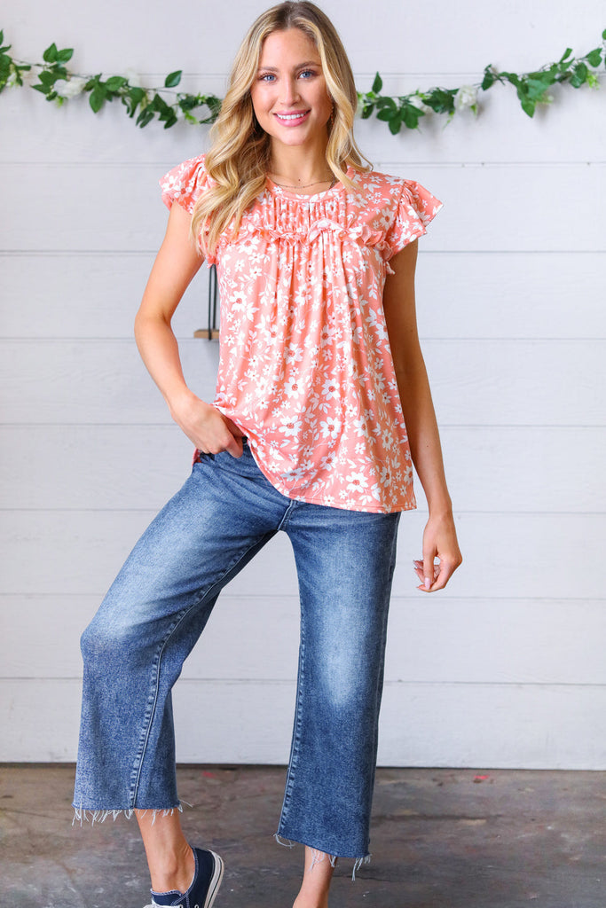 Peach Floral Print Frilled Short Sleeve Yoke Top-Timber Brooke Boutique, Online Women's Fashion Boutique in Amarillo, Texas