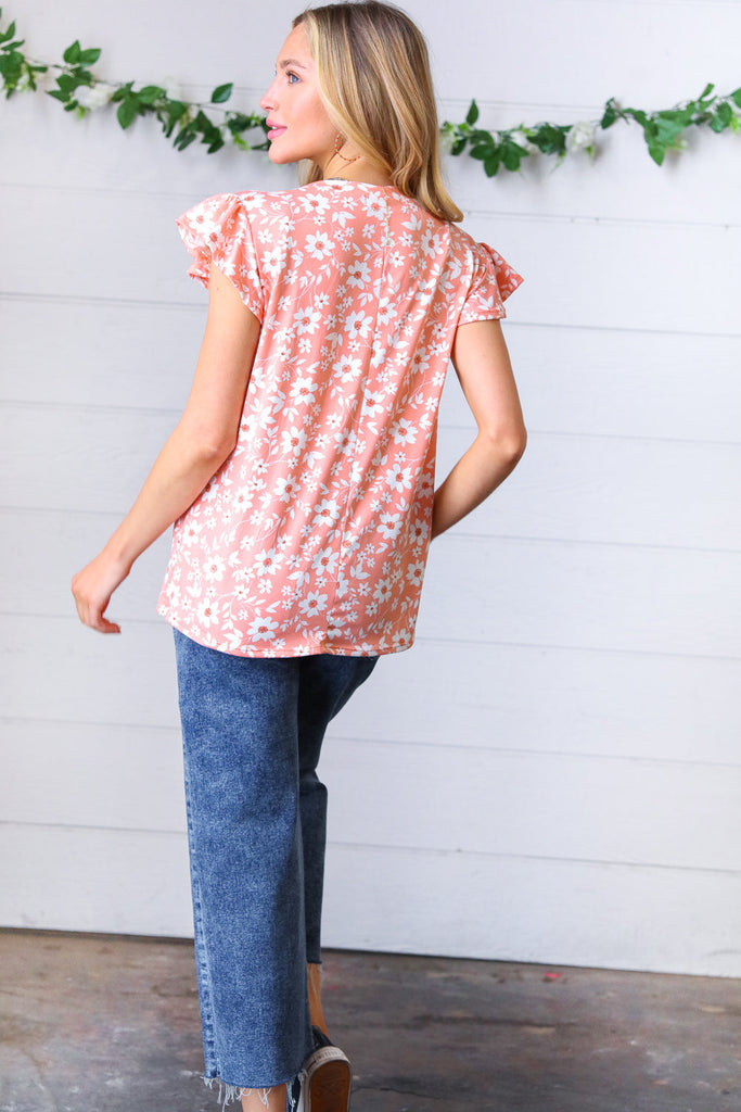 Peach Floral Print Frilled Short Sleeve Yoke Top-Timber Brooke Boutique, Online Women's Fashion Boutique in Amarillo, Texas