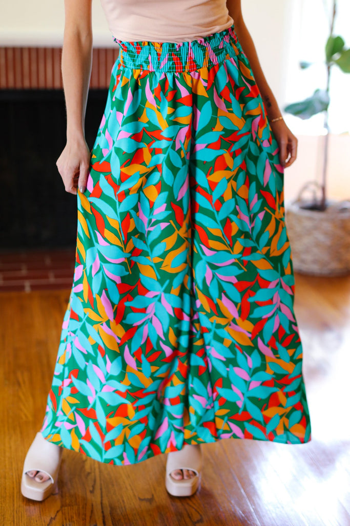 Summer Vibes Green & Orange Abstract Print Smocked Palazzo Pants-Timber Brooke Boutique, Online Women's Fashion Boutique in Amarillo, Texas