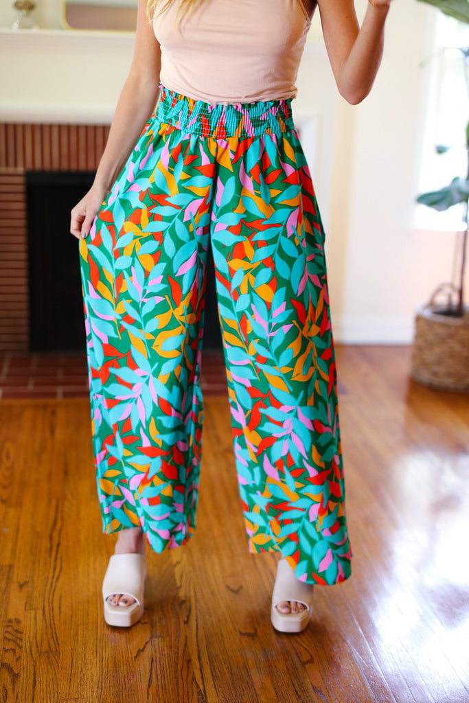 Summer Vibes Green & Orange Abstract Print Smocked Palazzo Pants-Timber Brooke Boutique, Online Women's Fashion Boutique in Amarillo, Texas