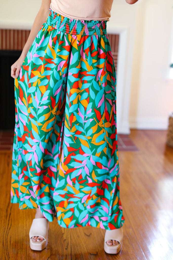 Summer Vibes Green & Orange Abstract Print Smocked Palazzo Pants-Timber Brooke Boutique, Online Women's Fashion Boutique in Amarillo, Texas