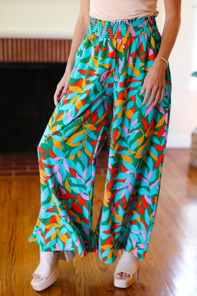 Summer Vibes Green & Orange Abstract Print Smocked Palazzo Pants-Timber Brooke Boutique, Online Women's Fashion Boutique in Amarillo, Texas