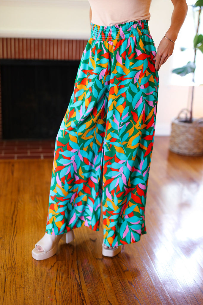 Summer Vibes Green & Orange Abstract Print Smocked Palazzo Pants-Timber Brooke Boutique, Online Women's Fashion Boutique in Amarillo, Texas