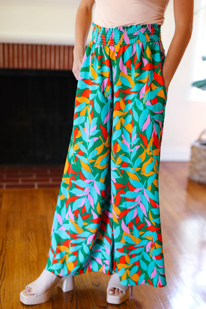 Summer Vibes Green & Orange Abstract Print Smocked Palazzo Pants-Timber Brooke Boutique, Online Women's Fashion Boutique in Amarillo, Texas