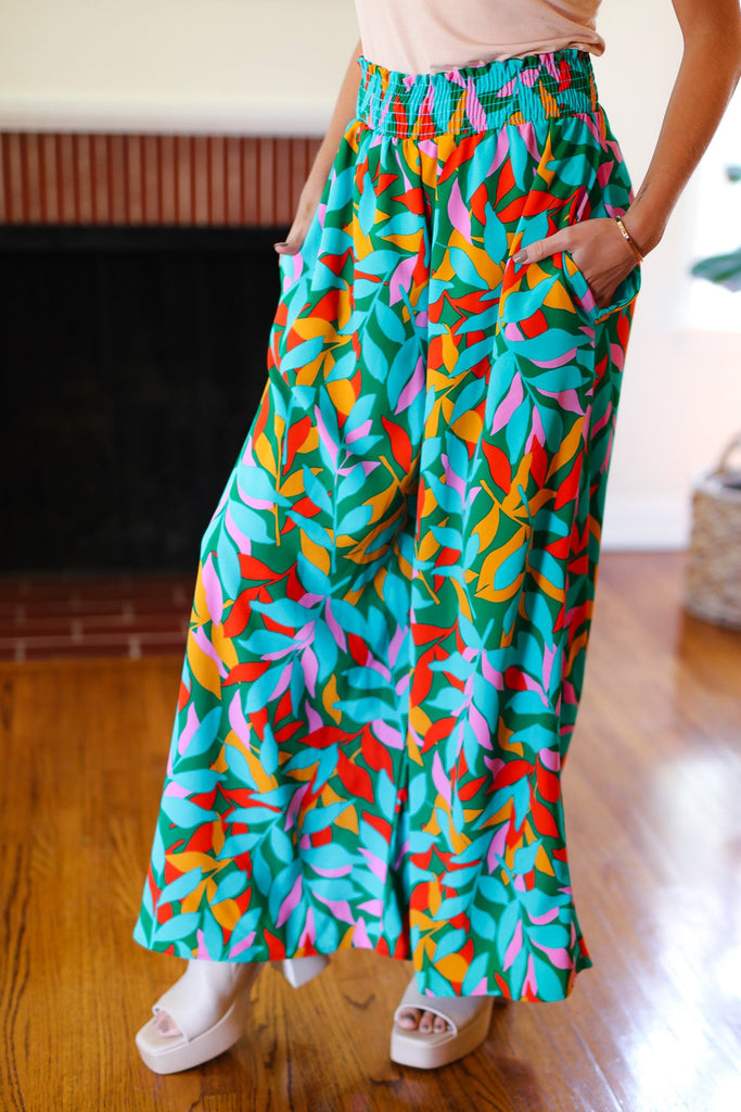 Summer Vibes Green & Orange Abstract Print Smocked Palazzo Pants-Timber Brooke Boutique, Online Women's Fashion Boutique in Amarillo, Texas