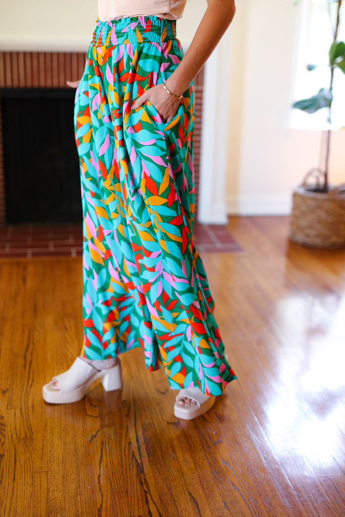 Summer Vibes Green & Orange Abstract Print Smocked Palazzo Pants-Timber Brooke Boutique, Online Women's Fashion Boutique in Amarillo, Texas