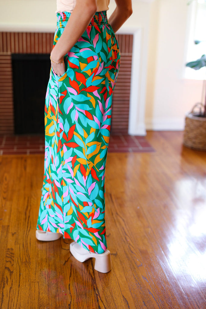 Summer Vibes Green & Orange Abstract Print Smocked Palazzo Pants-Timber Brooke Boutique, Online Women's Fashion Boutique in Amarillo, Texas