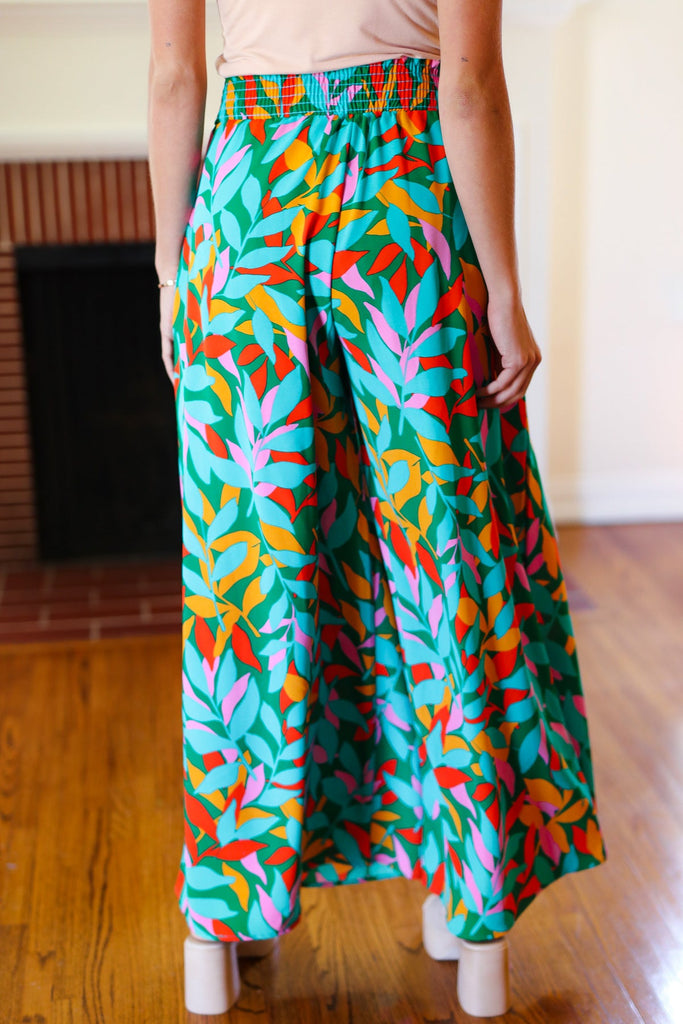 Summer Vibes Green & Orange Abstract Print Smocked Palazzo Pants-Timber Brooke Boutique, Online Women's Fashion Boutique in Amarillo, Texas