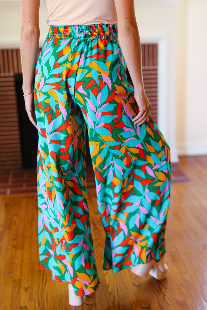 Summer Vibes Green & Orange Abstract Print Smocked Palazzo Pants-Timber Brooke Boutique, Online Women's Fashion Boutique in Amarillo, Texas