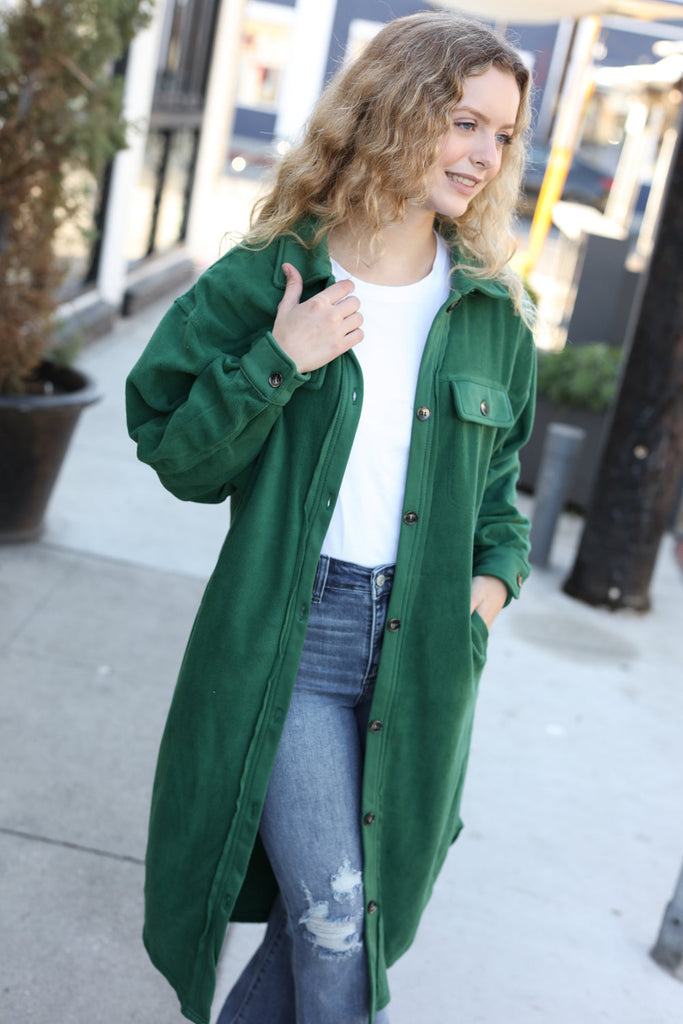 On Your Terms Forest Green Fleece Button Down Duster Jacket-Timber Brooke Boutique, Online Women's Fashion Boutique in Amarillo, Texas
