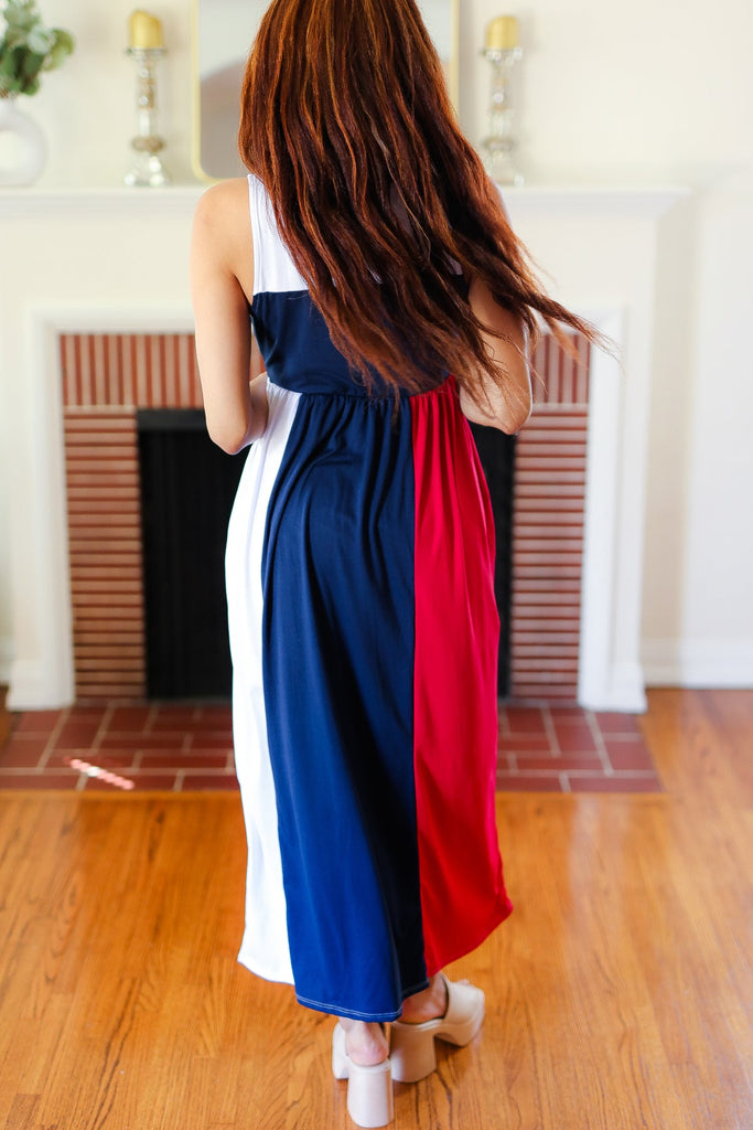 Patriotic Color Block Fit & Flare Maxi Dress-Timber Brooke Boutique, Online Women's Fashion Boutique in Amarillo, Texas