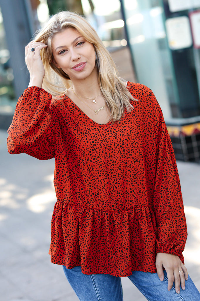 Feeling Bold Rust Leopard Print V Neck Peplum Top-Long Sleeve Tops-Timber Brooke Boutique, Online Women's Fashion Boutique in Amarillo, Texas