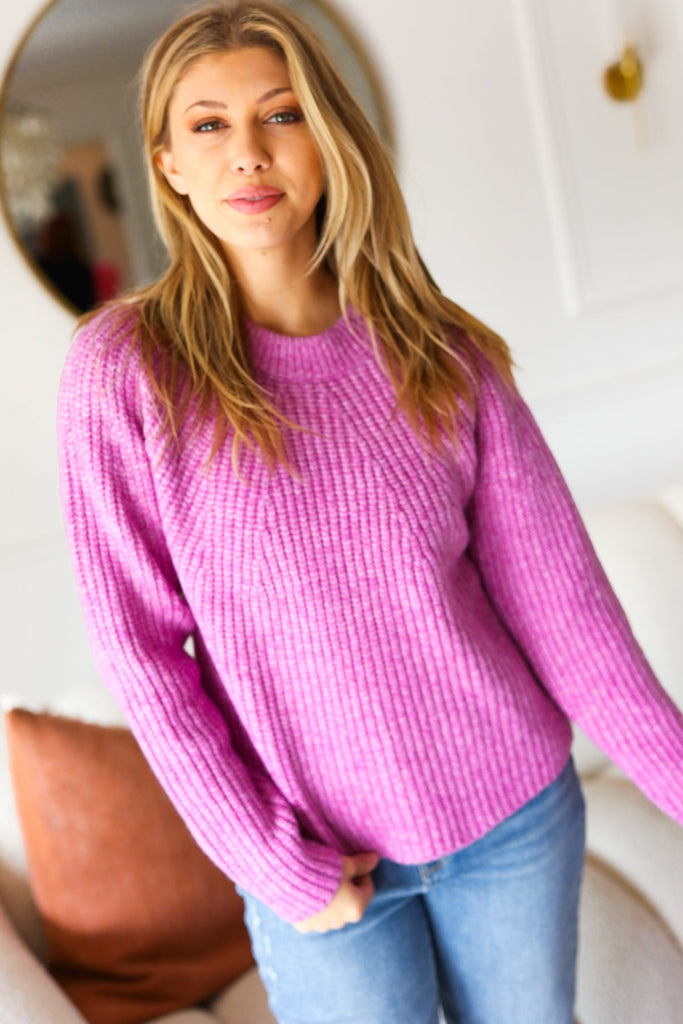 All You Need Lavender Mélange Round Neck Knit Sweater-Timber Brooke Boutique, Online Women's Fashion Boutique in Amarillo, Texas