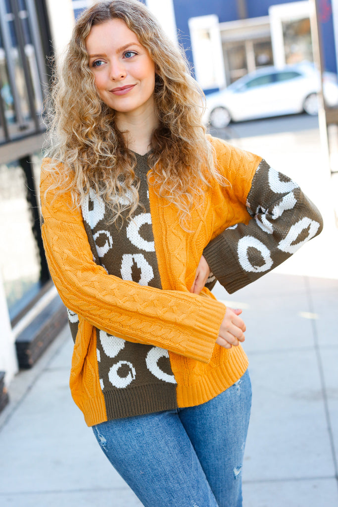 Call On Me Mustard & Olive Animal Print Cable Color Block Sweater-Timber Brooke Boutique, Online Women's Fashion Boutique in Amarillo, Texas
