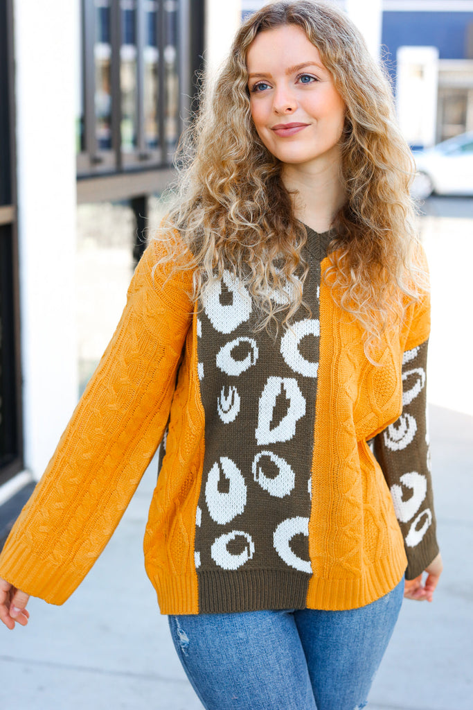 Call On Me Mustard & Olive Animal Print Cable Color Block Sweater-Timber Brooke Boutique, Online Women's Fashion Boutique in Amarillo, Texas
