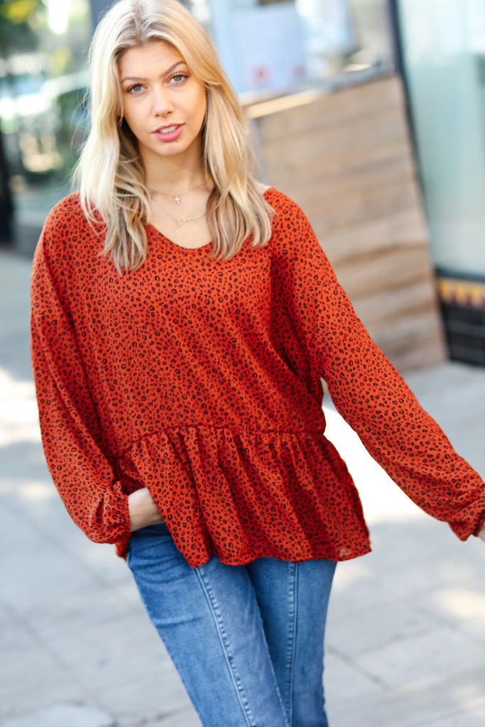 Feeling Bold Rust Leopard Print V Neck Peplum Top-Long Sleeve Tops-Timber Brooke Boutique, Online Women's Fashion Boutique in Amarillo, Texas