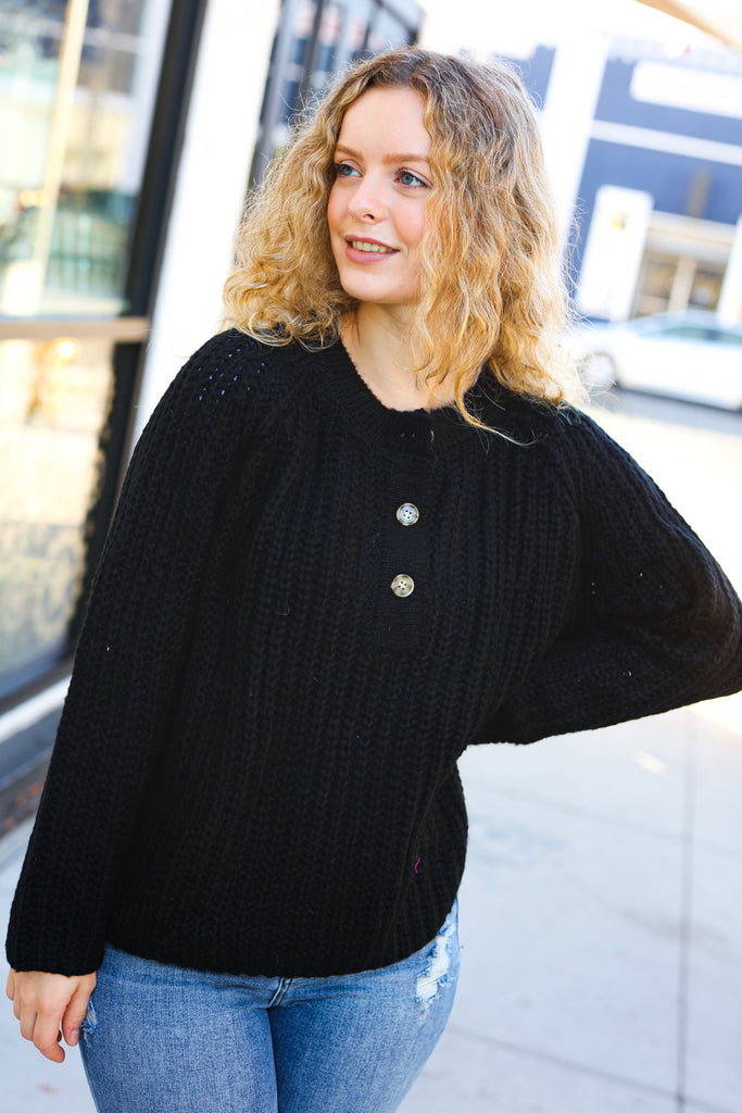 Better Than Ever Black Loose Knit Henley Button Sweater-Timber Brooke Boutique, Online Women's Fashion Boutique in Amarillo, Texas