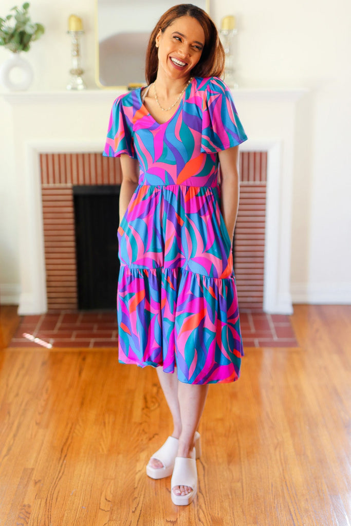 Remember Me Blue & Fuchsia Geo Print V Neck Dress-Timber Brooke Boutique, Online Women's Fashion Boutique in Amarillo, Texas