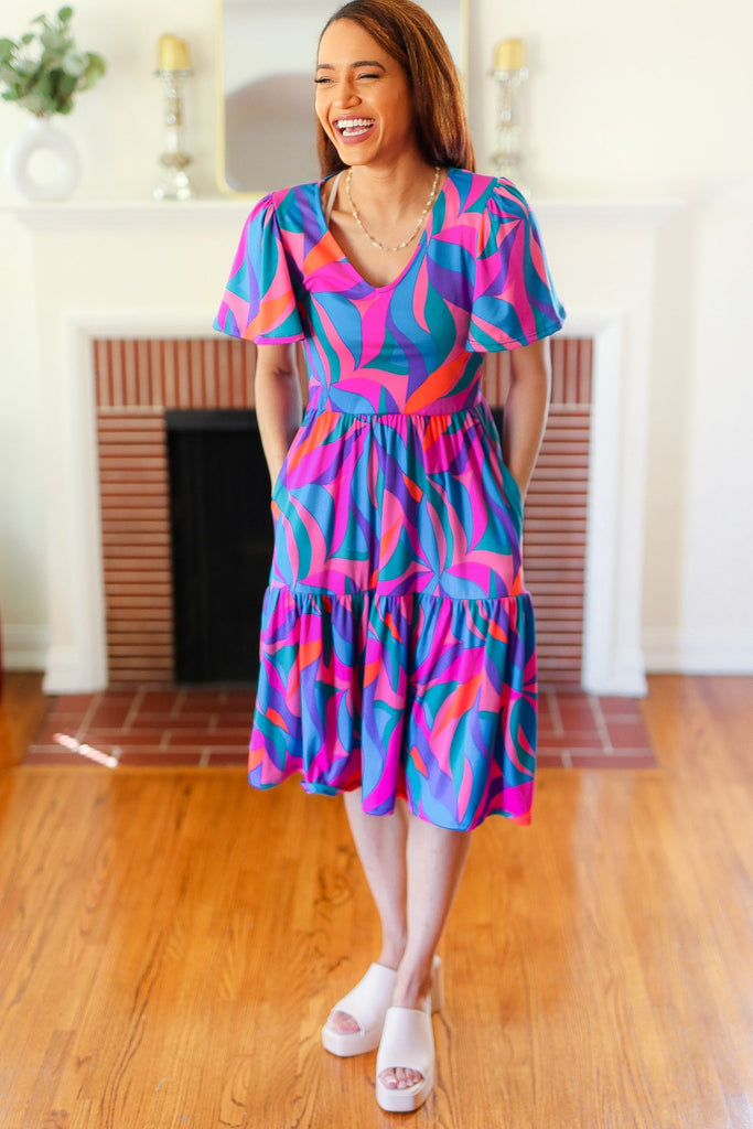 Remember Me Blue & Fuchsia Geo Print V Neck Dress-Timber Brooke Boutique, Online Women's Fashion Boutique in Amarillo, Texas