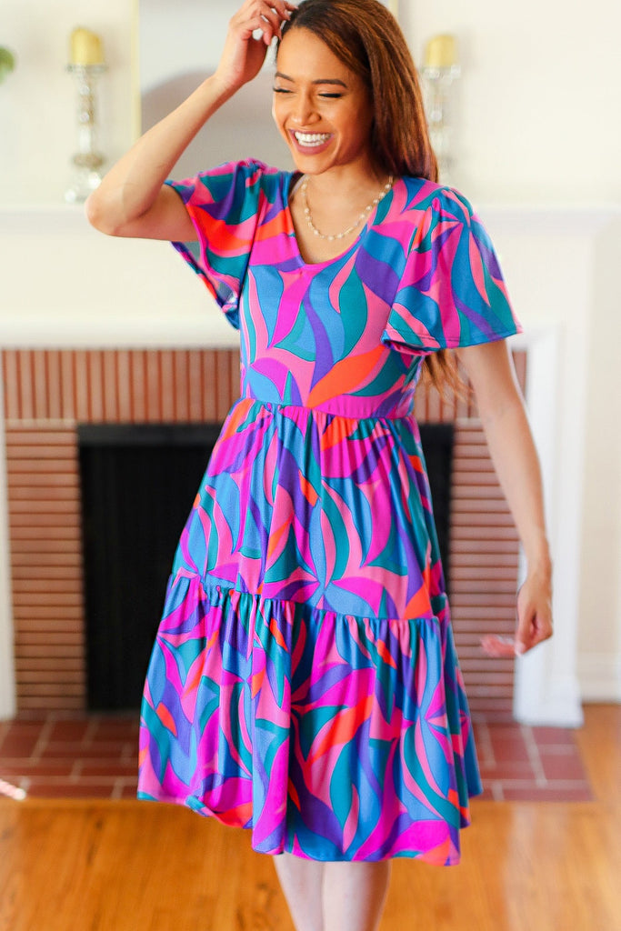 Remember Me Blue & Fuchsia Geo Print V Neck Dress-Timber Brooke Boutique, Online Women's Fashion Boutique in Amarillo, Texas