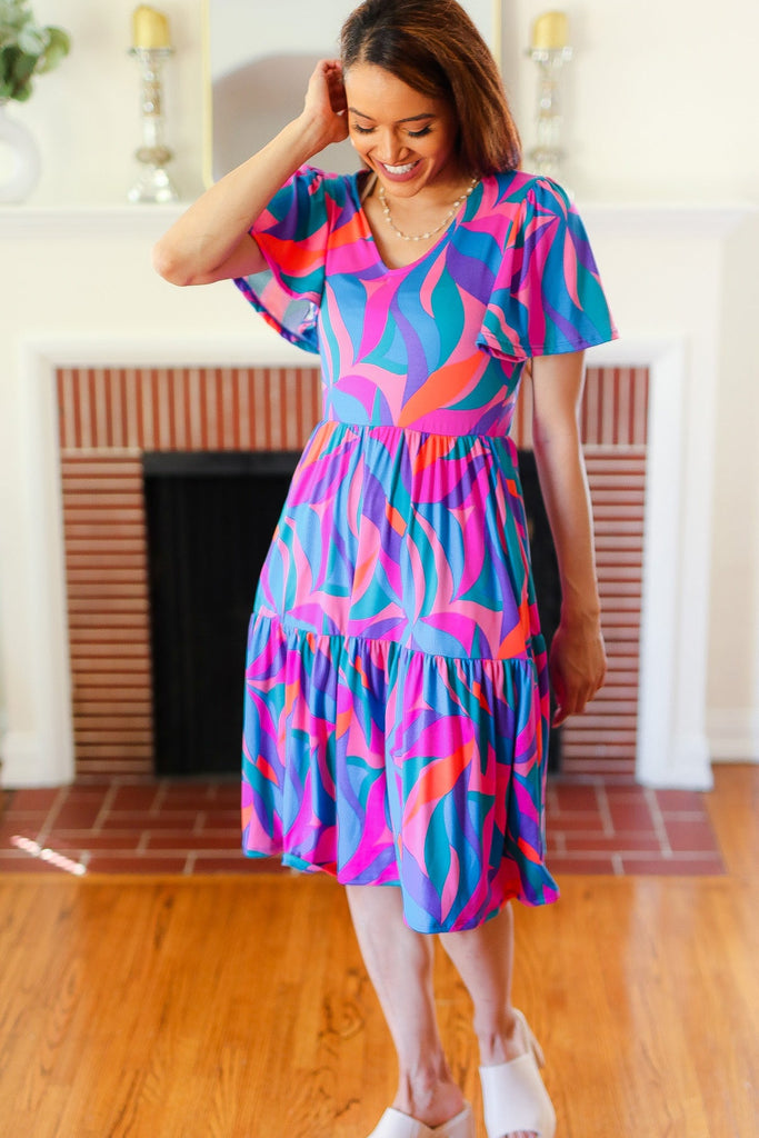 Remember Me Blue & Fuchsia Geo Print V Neck Dress-Timber Brooke Boutique, Online Women's Fashion Boutique in Amarillo, Texas