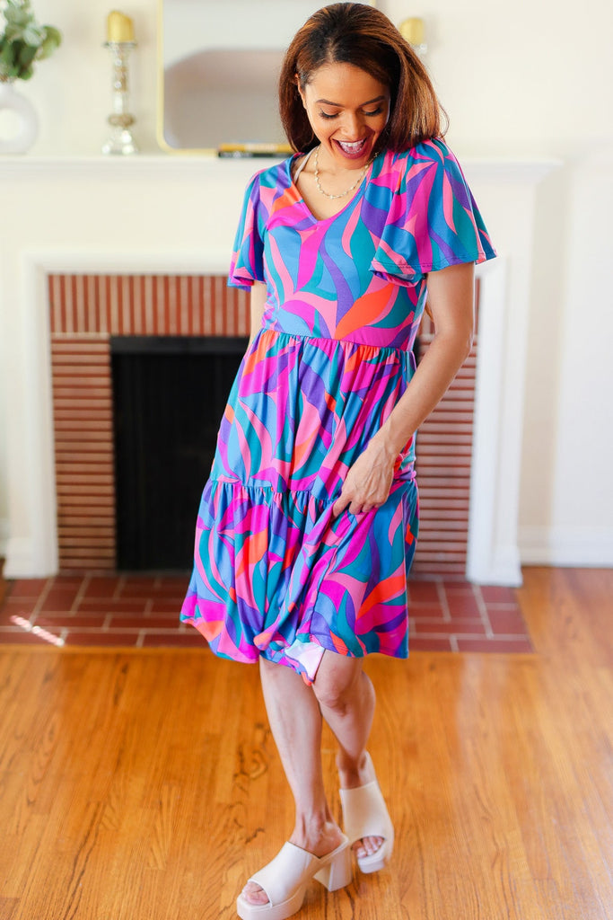 Remember Me Blue & Fuchsia Geo Print V Neck Dress-Timber Brooke Boutique, Online Women's Fashion Boutique in Amarillo, Texas