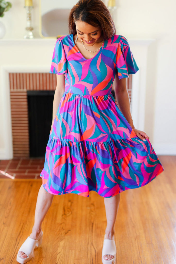 Remember Me Blue & Fuchsia Geo Print V Neck Dress-Timber Brooke Boutique, Online Women's Fashion Boutique in Amarillo, Texas