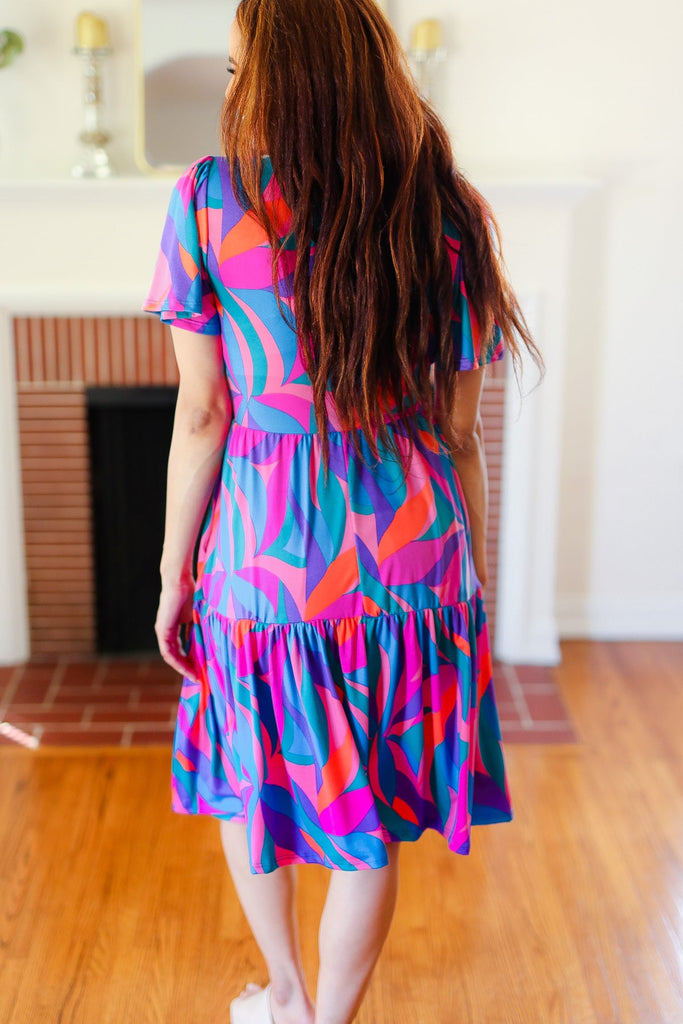 Remember Me Blue & Fuchsia Geo Print V Neck Dress-Timber Brooke Boutique, Online Women's Fashion Boutique in Amarillo, Texas